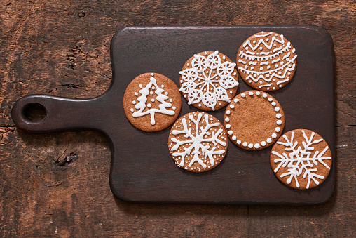 homemade gingerbread cookies on table, top view, celebration,