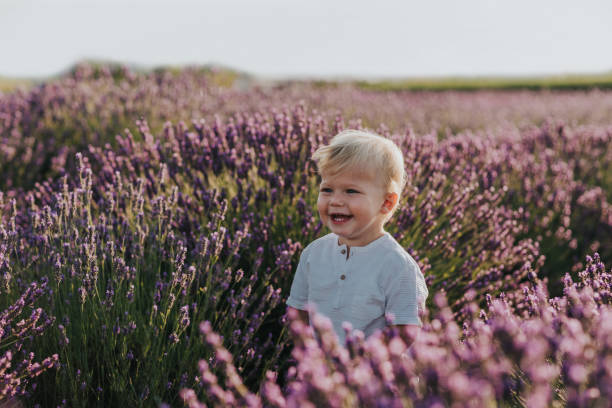 istock Adorable smiling boy at lavender field 1284994869