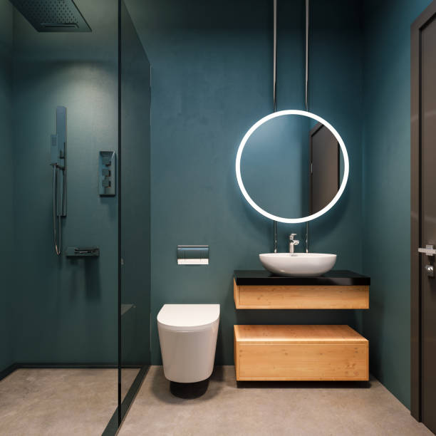 diseño interior moderno de tocador de baño, paredes azules del egeo con espejos redondos, concepto minimalista y limpio, renderizado en 3d - round mirror fotografías e imágenes de stock