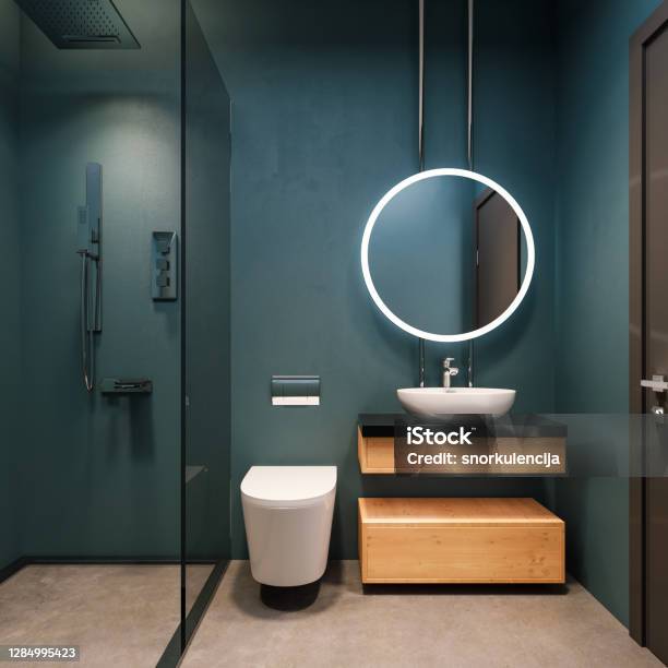 Modern Interior Design Of Bathroom Vanity Aegean Blue Walls With Round Mirrors Minimalist And Clean Concept 3d Rendering Stock Photo - Download Image Now