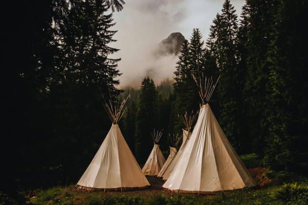 tiendas de campaña indias en un bosque - teepee fotografías e imágenes de stock