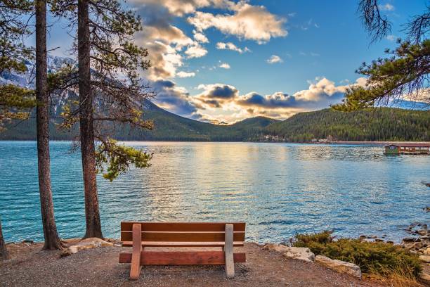 Bench Lookout At Sunrise Over Lake Minnewanka