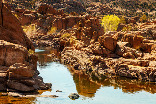 Rocky shoreline of beautiful Watson Lake in Prescott, AZ with yellow leaves on trees growing out of rocks