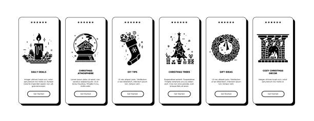 Christmas2021-06-16 Christmas onboarding app screens with black glyph icons.cChristmas tree, wreath, cozy decor. New year user interface. UX, UI, GUI screen templates for mobile applications. Flat monocolor illustrations snow globe empty silhouette stock illustrations