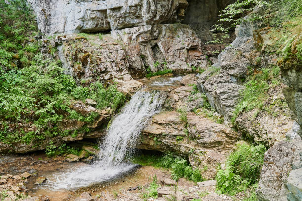 istock view of a small mountain river waterfall among large cobblestones from a cliff. 1284999539