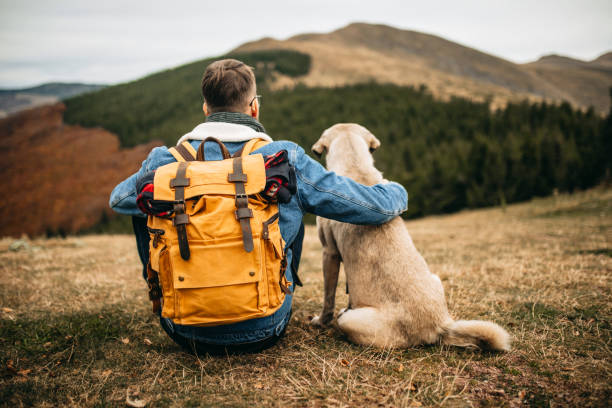 istock Hiker with backpack and his dog resting on mountain 1285000624