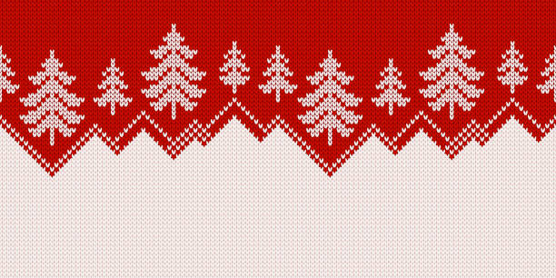 Winter knitted sweater. Wide background with text place. Winter sweater with Christmas trees and snowdrifts. Norwegian seamless knitting pattern. Fair Isle design. Holiday traditional wide background with text place. Vector illustration. christmas sweater stock illustrations
