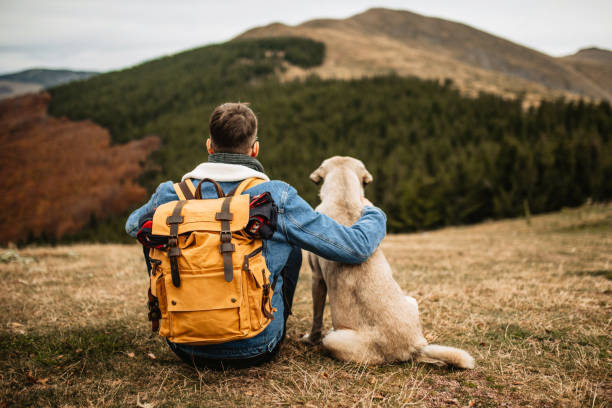 excursionista con mochila y su perro descansando en la montaña - people traveling friendship backpack expressing positivity fotografías e imágenes de stock