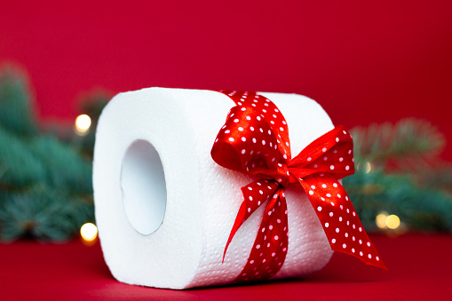 Roll of toilet paper as a christmas gift, near a branch of a christmas tree on a red background