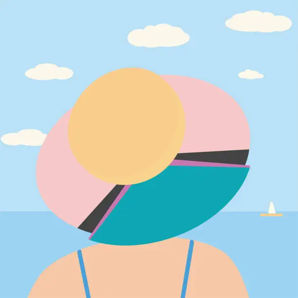 Vector illustration of The girl with the hat looks out to the sea. Flat vector