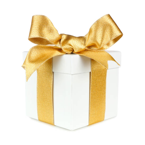 istock White gift box wrapped with gold ribbon and bow isolated on white 1285002520