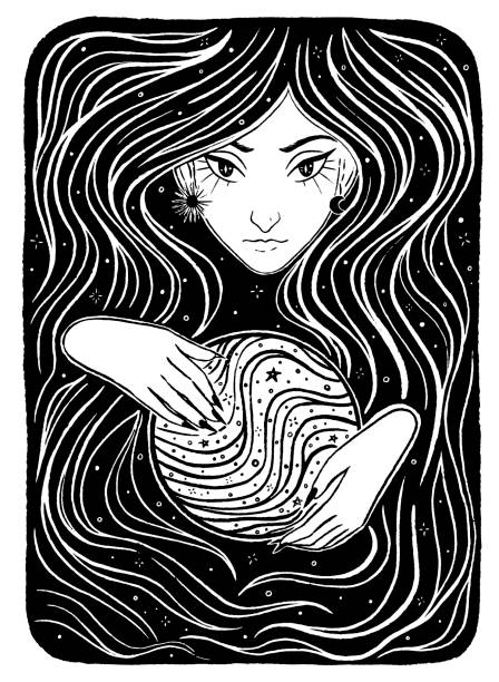 Vintage hand drawn vector illustration. Beautiful fortune teller with a magic ball on background of stars. Boho engraving style. For poster, print, postcard, sticker, tapestry, banner, t-shirt, tattoo