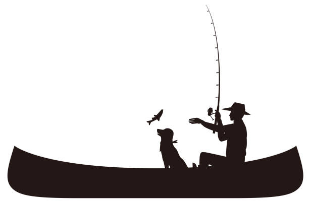 ilustrações de stock, clip art, desenhos animados e ícones de men and dogs fishing in a canoe.silhouette - dog tranquil scene pets animals and pets