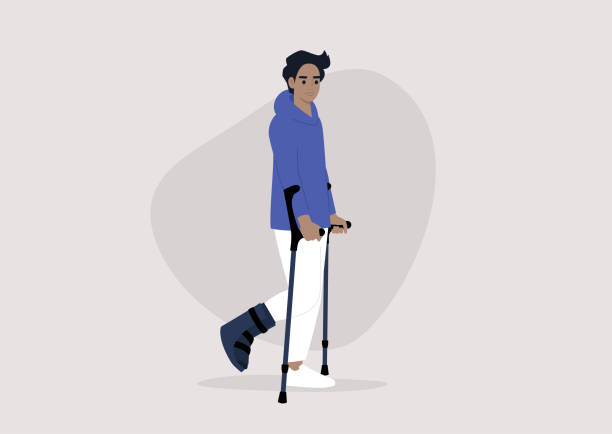 illustrazioni stock, clip art, cartoni animati e icone di tendenza di un giovane personaggio maschile con una gamba fratturata con le stampelle per camminare, assistenza sanitaria - crutch