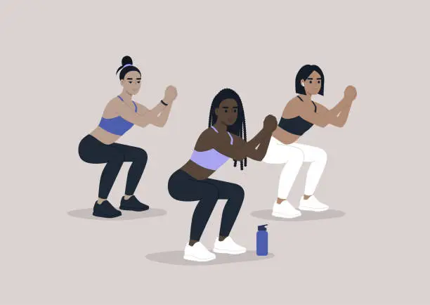 Vector illustration of Young female characters doing squats, a gym group workout scene, sport outfit