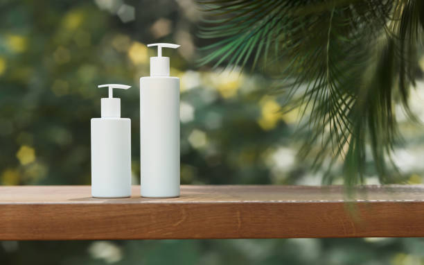 istock Natural Cosmetic product presentation. Ourdoors garden placement. White blank Jar shampoo bottle. 3d illustration content 1285010793