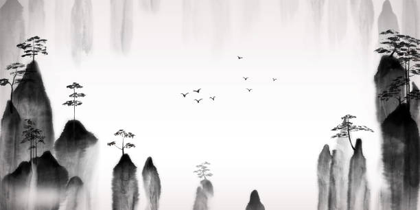 istock Chinese traditional landscape painting of mountain and trees 1285012366