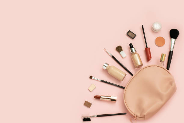 istock Decorative cosmetic set from pink cosmetic bag 1285013306