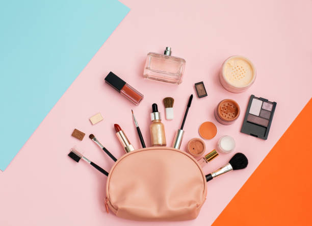 istock Decorative cosmetic set from pink cosmetic bag 1285013330