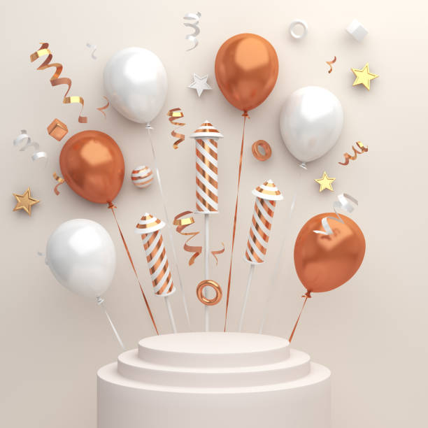 istock Happy new year 2021 podium mockup with firework rocket, balloon, ribbon, 3D rendering illustration 1285015067