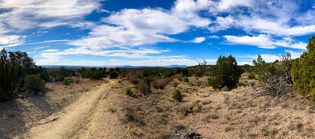 Santa Fe, NM: Dirt Road in High Desert Panorama