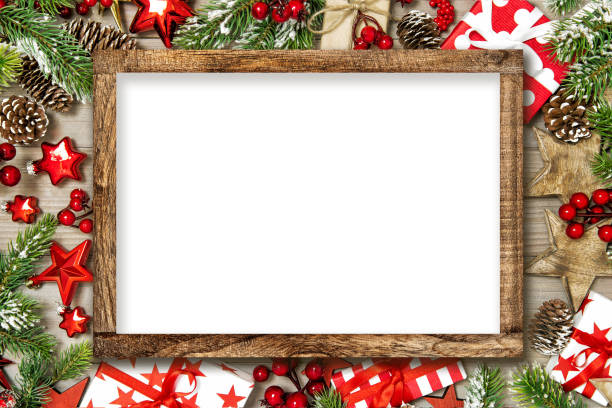 Christmas decorations red ornaments Wooden frame mockup