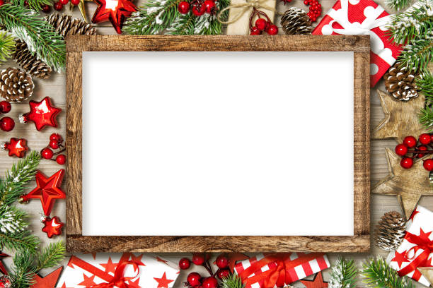 Christmas decorations red ornaments Wooden frame mockup stock photo
