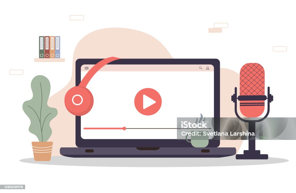 Podcast concept. Equipment for blogging, webcasting and broadcasting. Radio host workplace. Podcast concept. Equipment for blogging, webcasting and broadcasting. Radio host workplace. Recording webinar, tutorials and online courses. Vector illustration in flat cartoon style. Podcasting stock vector