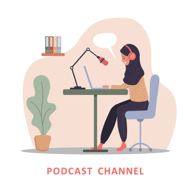 illustrations, cliparts, dessins animés et icônes de concept vectoriel podcast. entrevue avec l’animateur de radio. - woman taking radio vintage