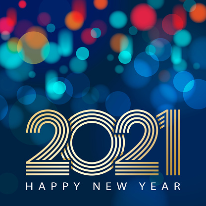 Join the celebration party for the New Year 2021 with outline of gold colored 2021 on the colorful sparkling light background