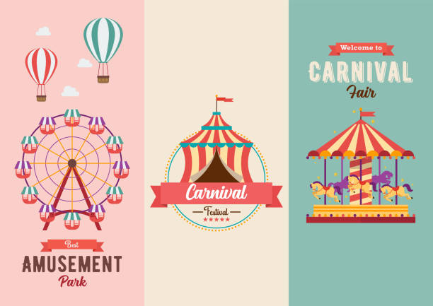 ilustraciones, imágenes clip art, dibujos animados e iconos de stock de set de ferias de diversión y banners temáticos de carnaval - parque de atracciones ilustraciones