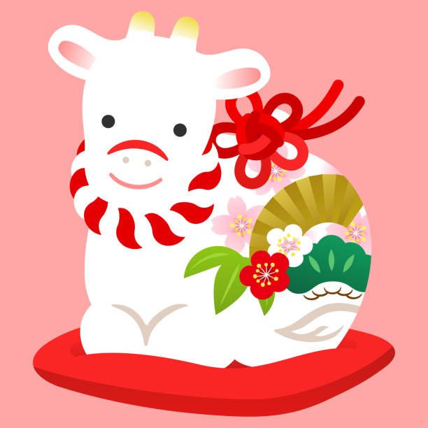Illustration of a white cow earthenware bell figurine Illustration of a white cow earthenware bell sitting on a red cushion for Japanese New Year
This is a bell figurine made by baking clay and is called "Dorei" in Japanese. zabuton stock illustrations