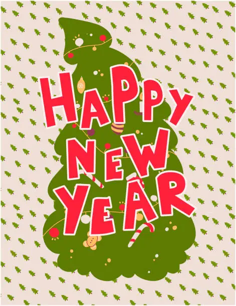 Vector illustration of Happy New Year lettering in cartoon style on background of the Christmas tree.