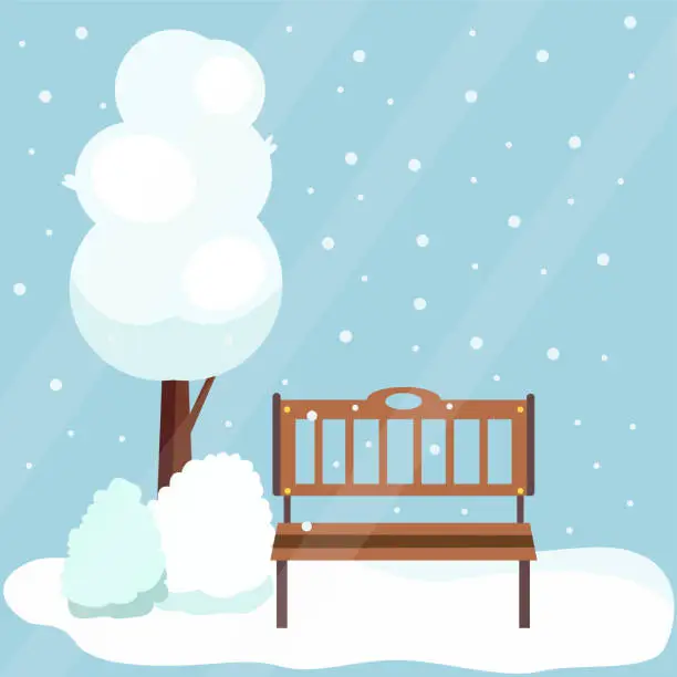 Vector illustration of Winter park. Snowy tree, cold weather. Snowing. Vector flat illustration.