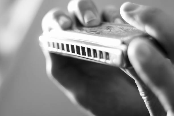 Close up of hands holding a harmonica