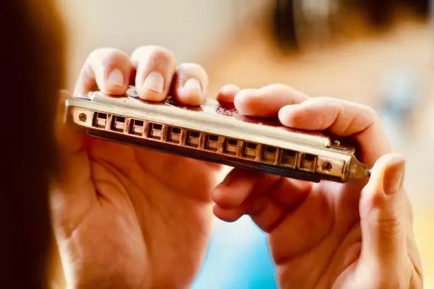 Close up of hands holding a harmonica. The harmonica, also known as a French harp or mouth organ, is a free reed wind instrument used worldwide in many musical genres, notably in blues, American folk music, classical music, jazz, country, and rock. The many types of harmonica include diatonic, chromatic, tremolo, octave, orchestral, and bass versions.