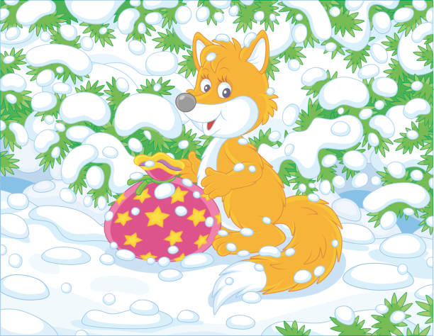 bildbanksillustrationer, clip art samt tecknat material och ikoner med rödräv med en gåva under en snöig gran - red fox snow
