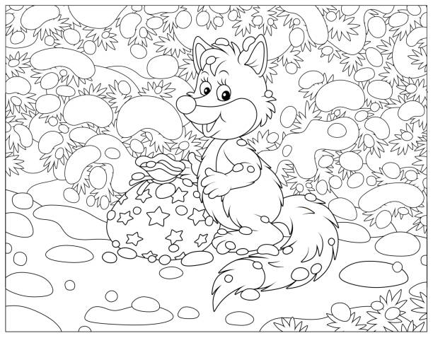 bildbanksillustrationer, clip art samt tecknat material och ikoner med liten räv med en gåva under en snöig gran - red fox snow