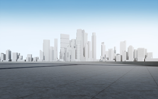 3d rendering of abstract future cityscape with clear blue sky background.