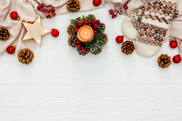 istock Cozy christmas evening with cocoa flat lay white wooden 1285042881