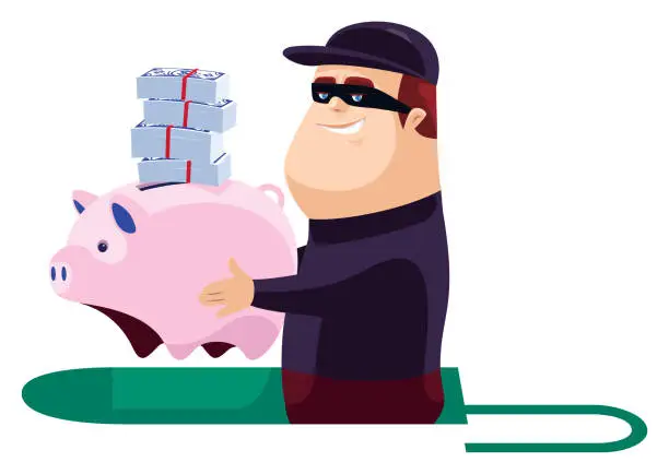 Vector illustration of happy thief holding piggy bank and cash with open padlock
