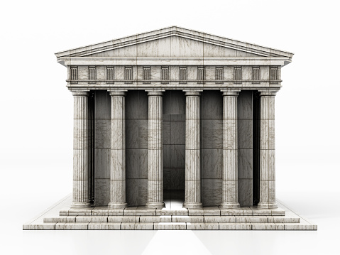 Greek temple or courthouse building isolated on white.