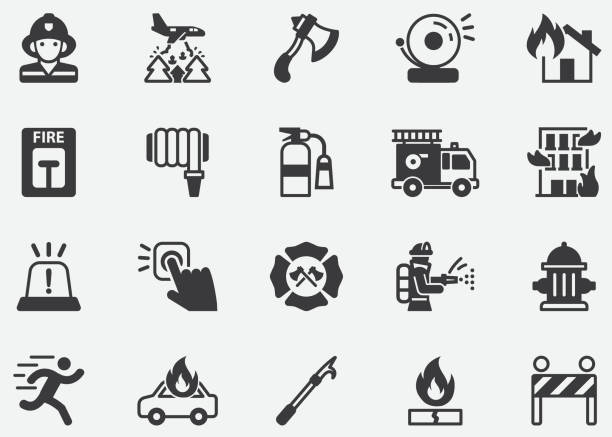 stockillustraties, clipart, cartoons en iconen met brandweer, brandweer , politie, emergency pixel perfect iconen - brandweer