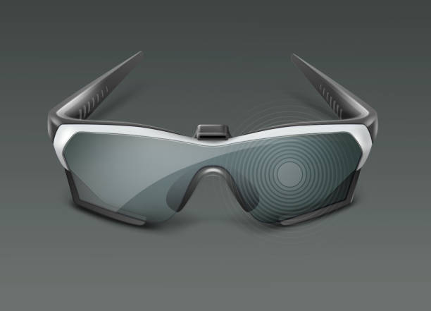 Optical head-mounted display Vector optical head-mounted display or augmented reality smart glasses front view isolated on dark background smart glasses eyewear stock illustrations