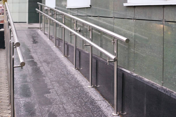 istock Long ramp. Metal handrails 1285052260