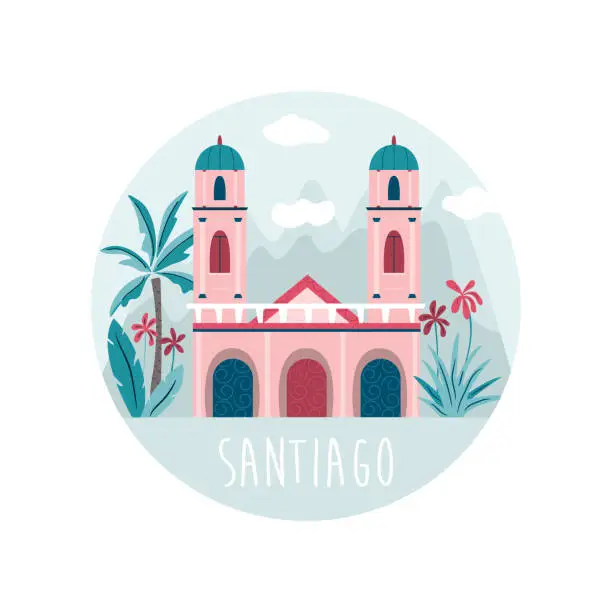 Vector illustration of Santiago city vector illustration with cathedral at Placa de Armas and mountains behind.
