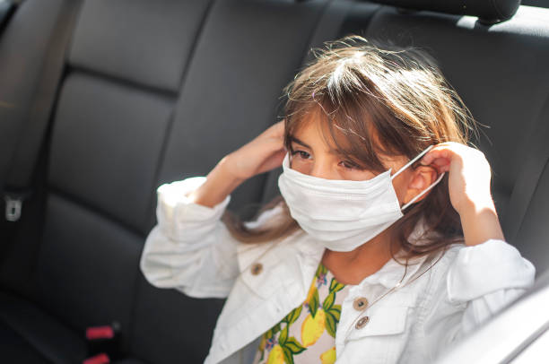 istock Cute girl in the car with mask 1285053224