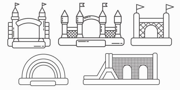 弾力豊かなインフレータブル城のセット。タワーと子供の遊び場のための機器。ベクター utline の図 - inflatable castle play playground点のイラスト素材／クリップアート素材／マンガ素材／アイコン素材