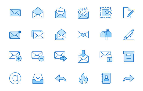 Email line icons set. Letter, spam mail, open envelope, postage stamp, mailbox, new document minimal vector illustrations. Simple flat outline signs for web. Blue color, Editable Stroke Email line icons set. Letter, spam mail, open envelope, postage stamp, mailbox, new document minimal vector illustrations. Simple flat outline signs for web. Blue color, Editable Stroke. blue mailbox stock illustrations