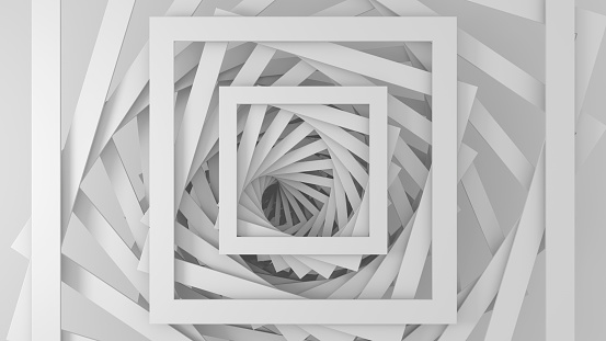 Abstract three-dimensional minimal white light texture of a set of straight square borders of steps that spiral. 3D illustration.